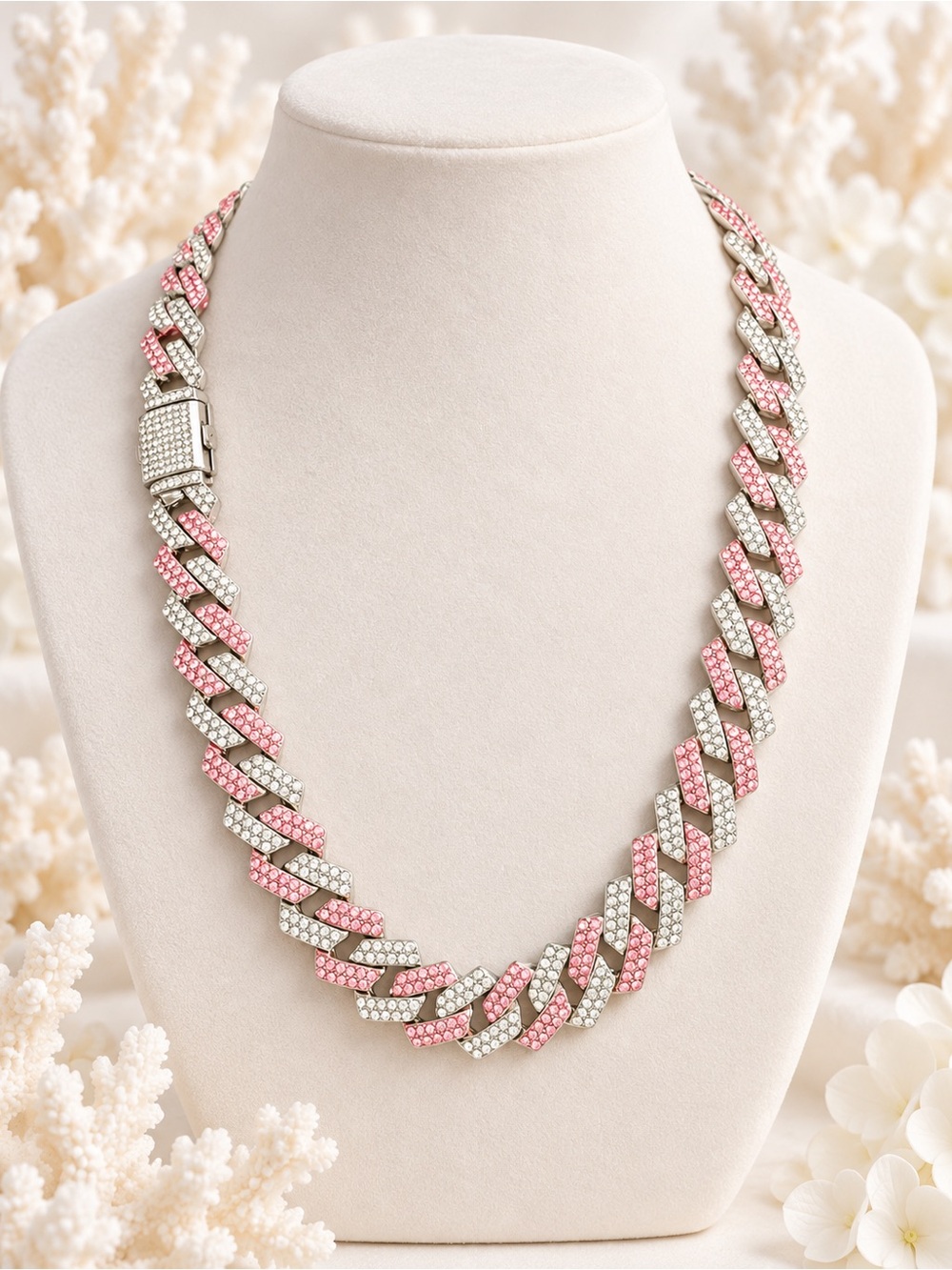 Elegant Pink and Silver Crystal Link Necklace - Women Jewelry
